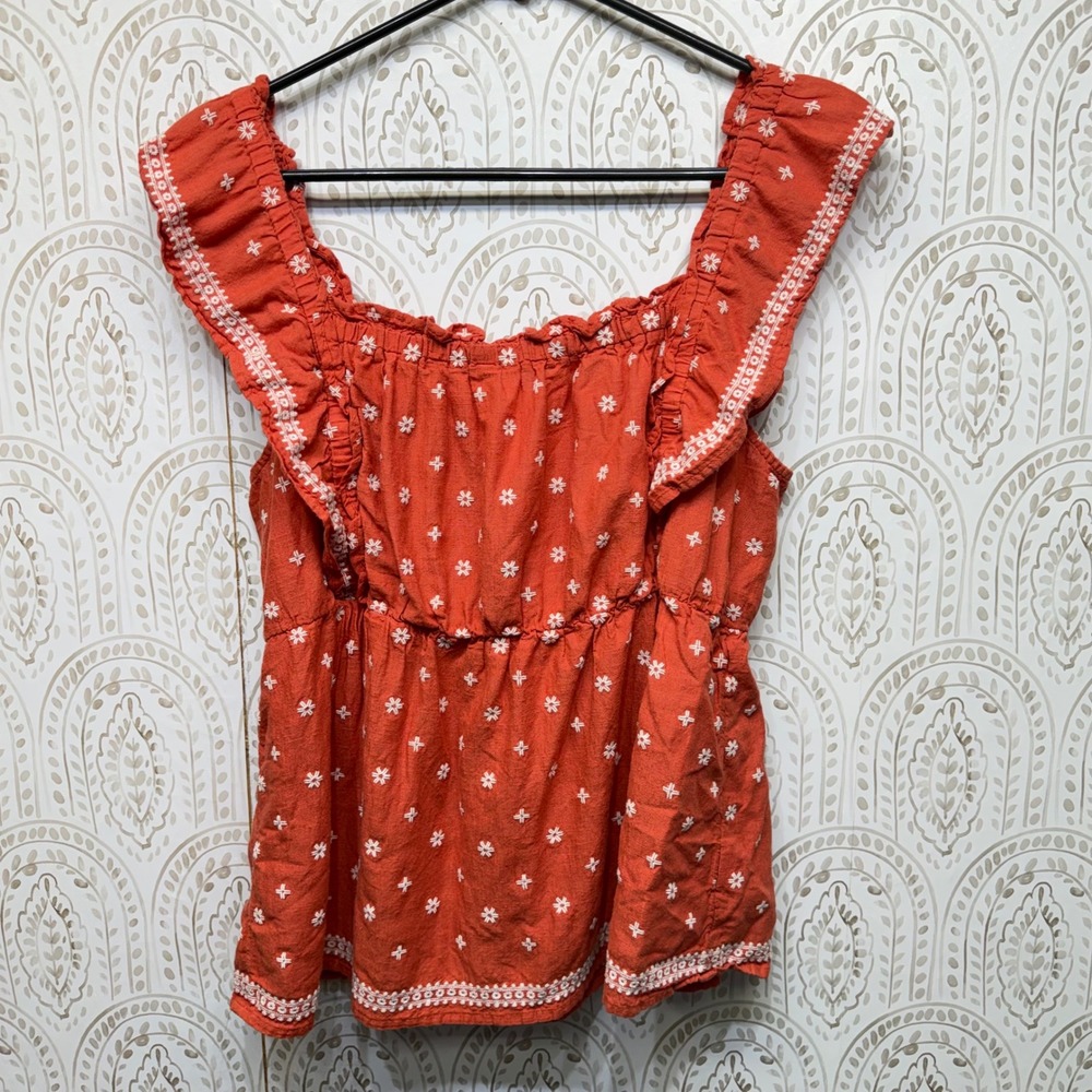 Old Navy Embroidered Peplum Top Womens L Orange Boho Ruffle Smocked Cotton Blend